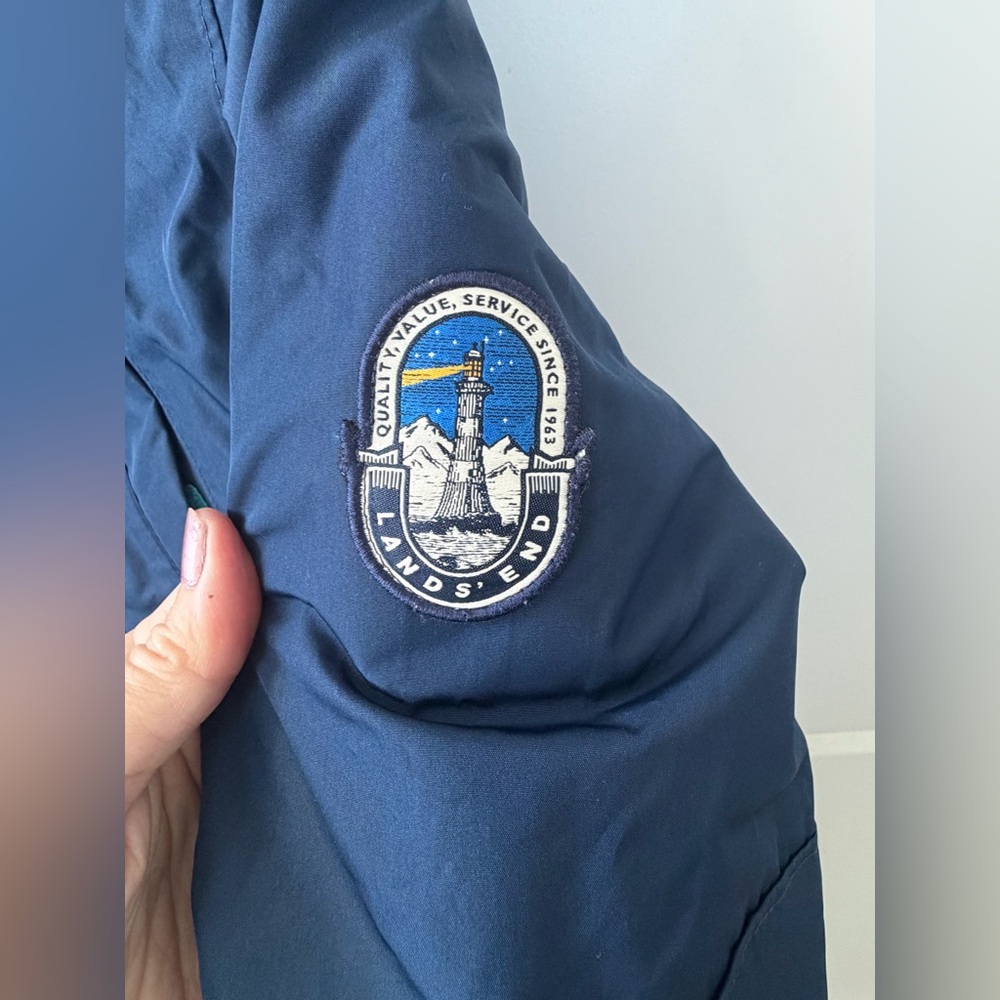 EUC Lands' End Girls Navy Sherpa Hooded Expedition Parka with Teal Trim, Size 14 - Picture 9 of 16